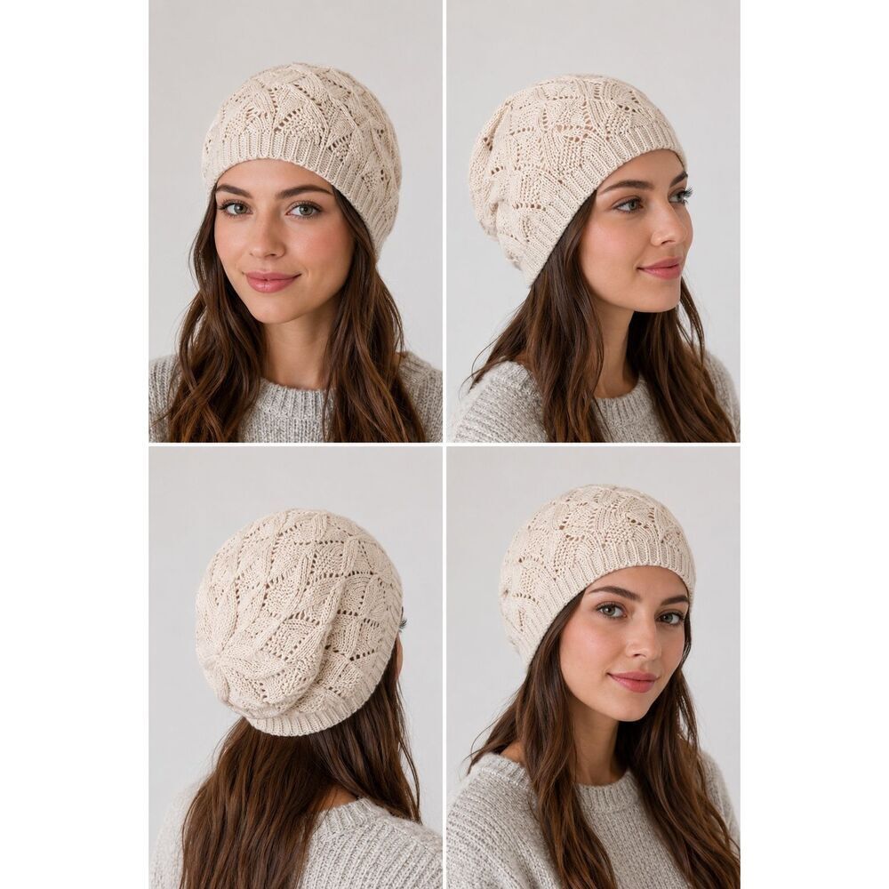 Cream Cable Knit Slouchy Beanie Hat One Size Soft Cozy Winter Cap NWOT